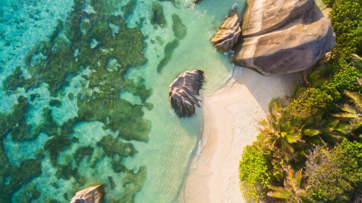 Aerial view of the beach at La Digue, Seychelles.